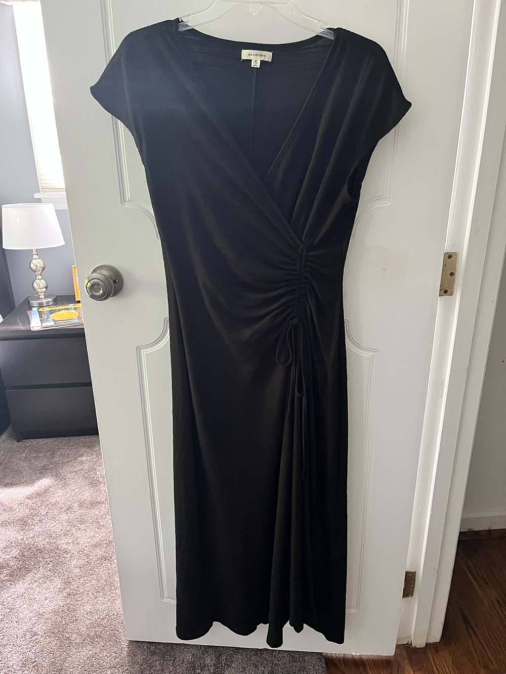 Max Studio Black Ruched Faux Wrap Midi Dress